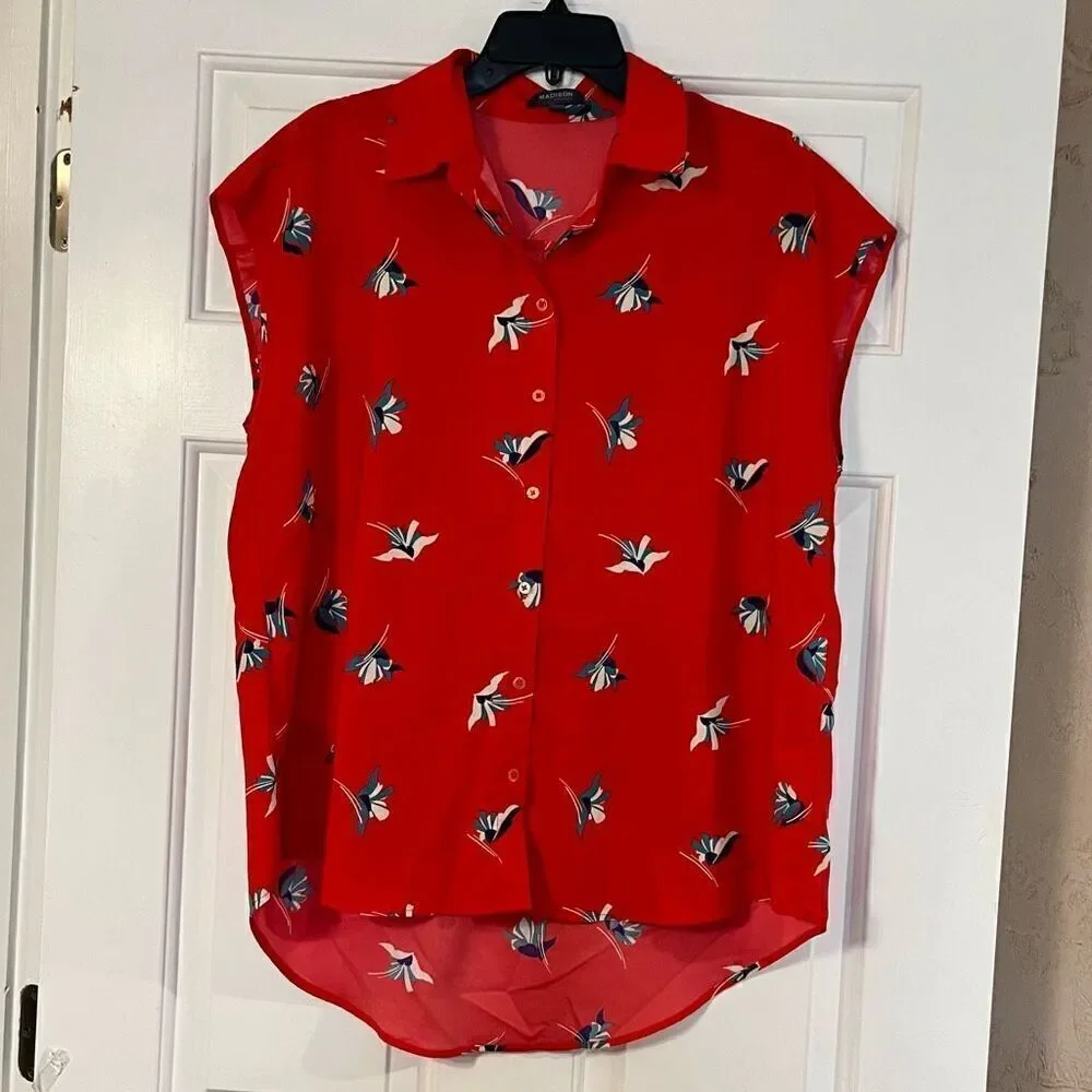 Madison Cap Sleeve Button-up Bird Tropical Blouse XL